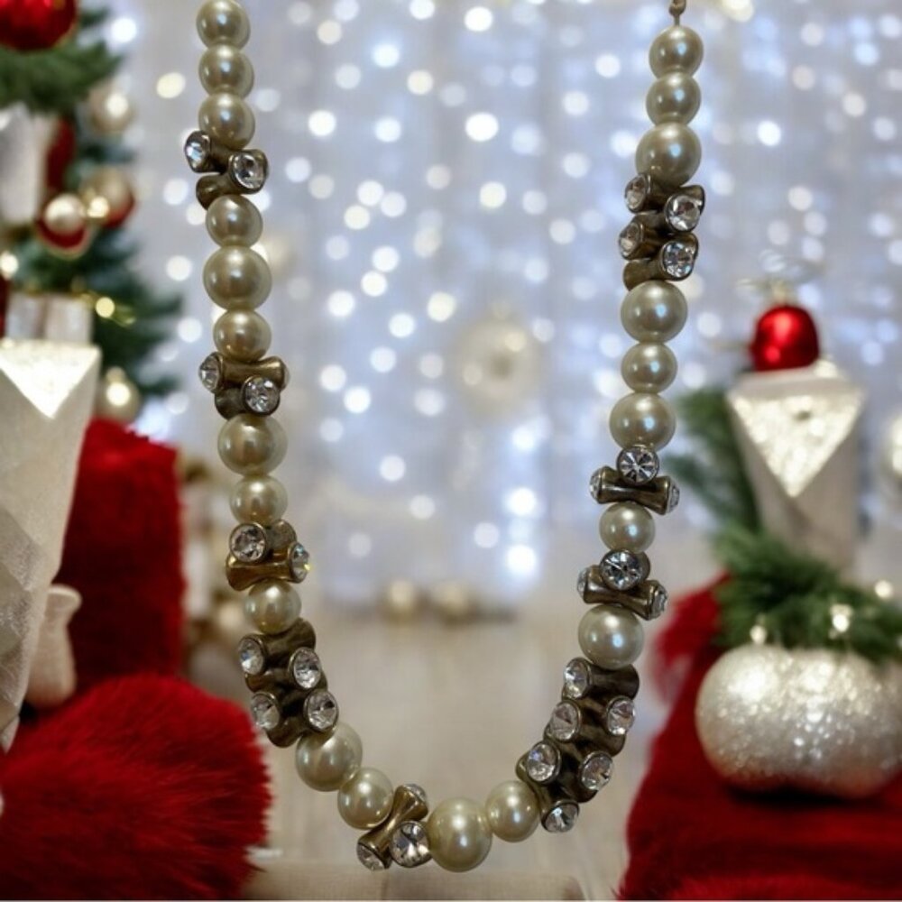 Vintage J Crew Gold Tone Faux Pearl and Crystal Tie Back Necklace